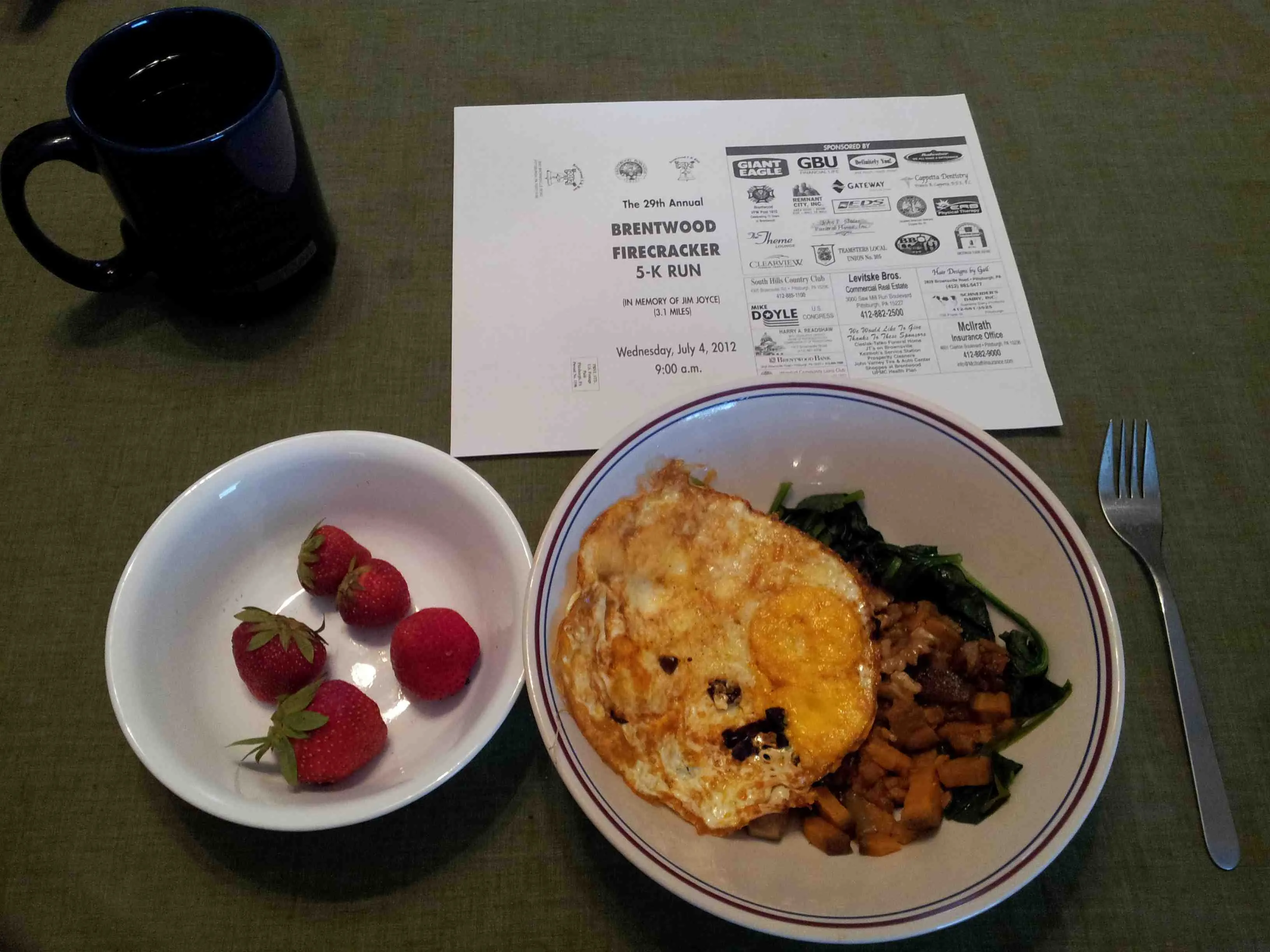 My breakfast along with Brentwood 5K entry form