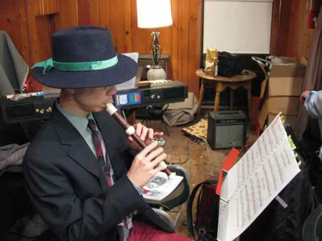 Franklin posing with soprano recorder