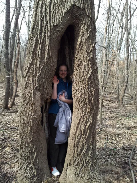 Abby hiding in a tree