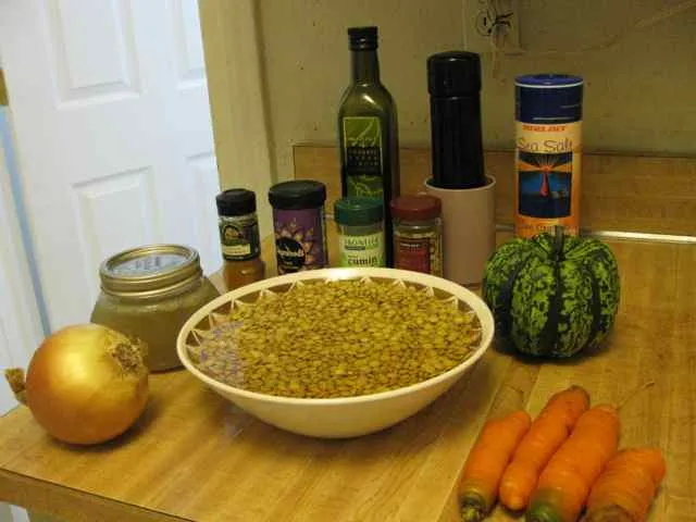 Ingredients for lentil acorn squash soup
