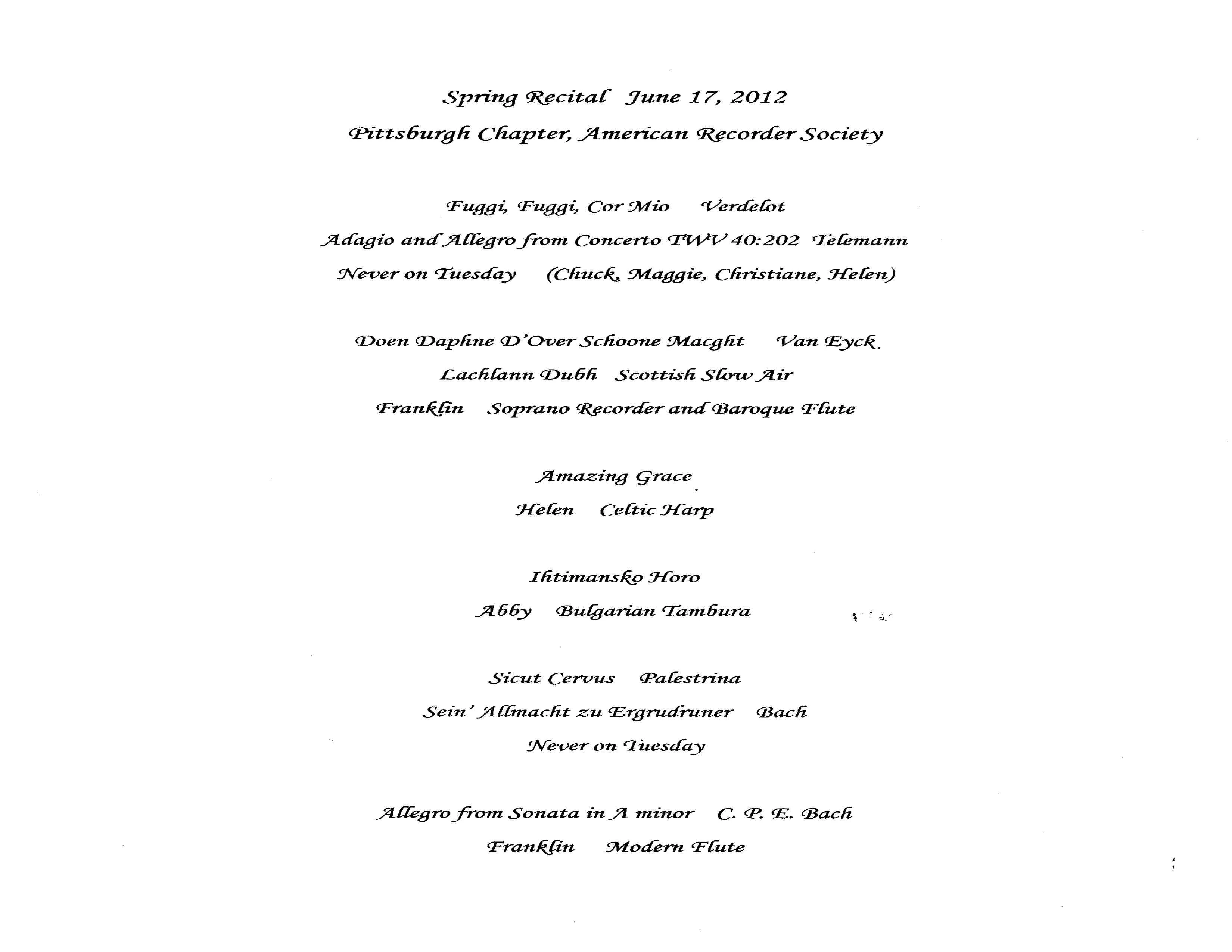 Pittsburgh Recorder Society spring 2012 recital program