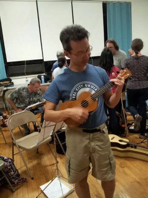 Franklin wearing Steel City Ukuleles shirt